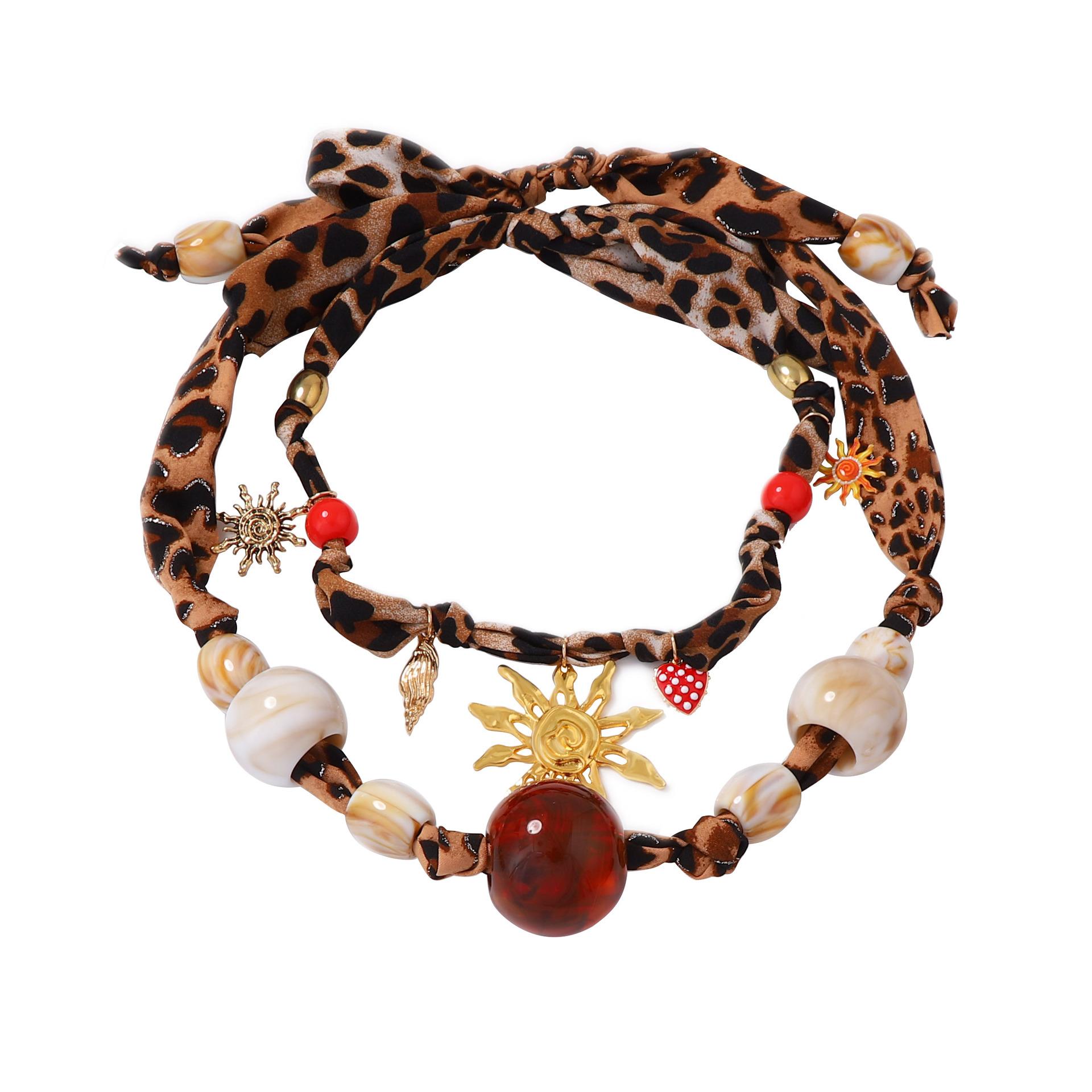 

European and American personality trends Maillard leopard print exaggerated geometric large transparent round bead pendant double layer stacked