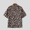 INCERUN Oversized Men's Short Sleeve Lapel Collar Button Up Leopard Print Shirts Tops