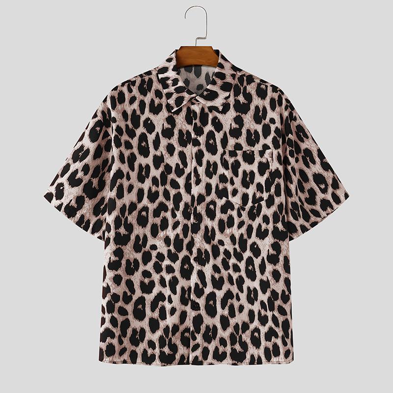 INCERUN Oversized Men's Short Sleeve Lapel Collar Button Up Leopard Print Shirts Tops