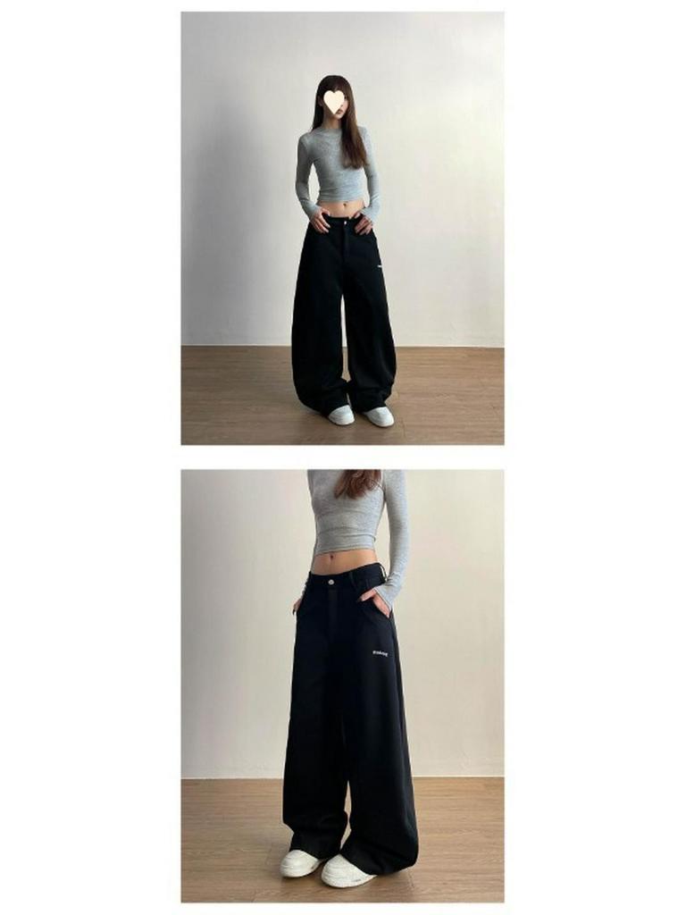 Women's Retro Letter Embroidery Loose Sweatpants - Spring/Summer Casual Crescent Silhouette