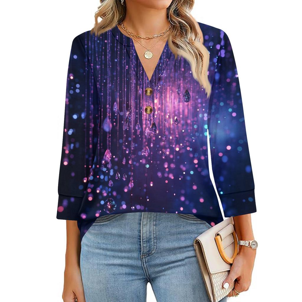 Damen T-Shirt mit Aufdruck, Knopfleiste, 3/4-Ärmel, für den Alltag, Wochenendmode, Basic, V-Ausschnitt, normales Oberteil