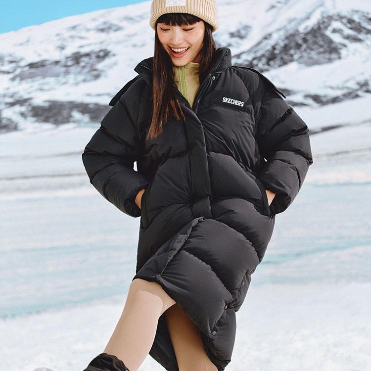 Skechers Windproof Water-Repellent Oil-Stain Resistant Warm Comfortable Sports Casual Long Hooded Down Jacket Women outerwear L424W203-0018