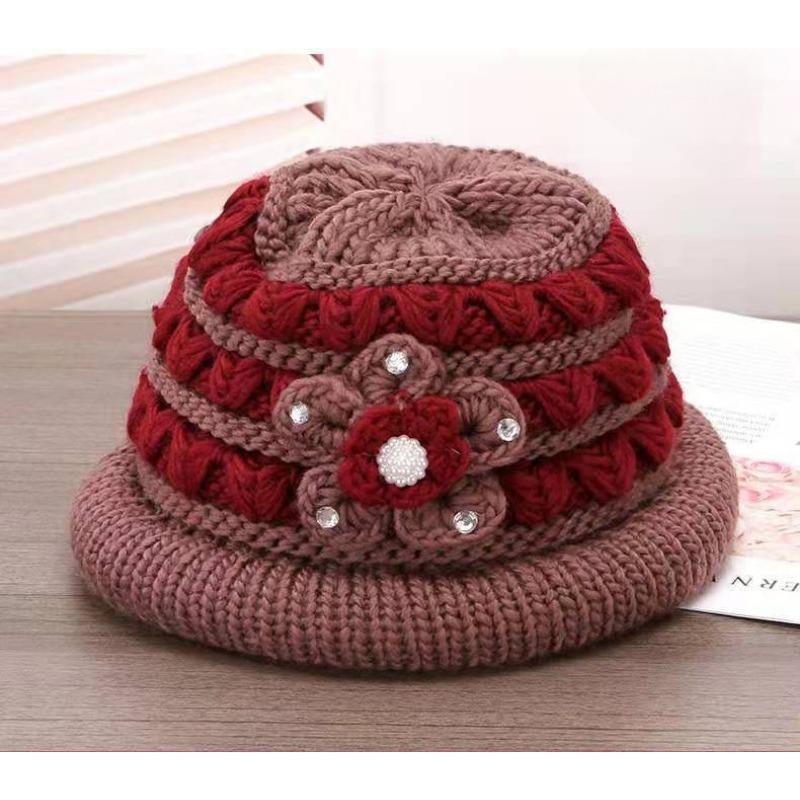 Elderly Winter Hat Women's Grandmother Knitted Warm Hat Middle-aged and Elderly with Thick Woolen Yarn Basin Hat Old Lady Hat