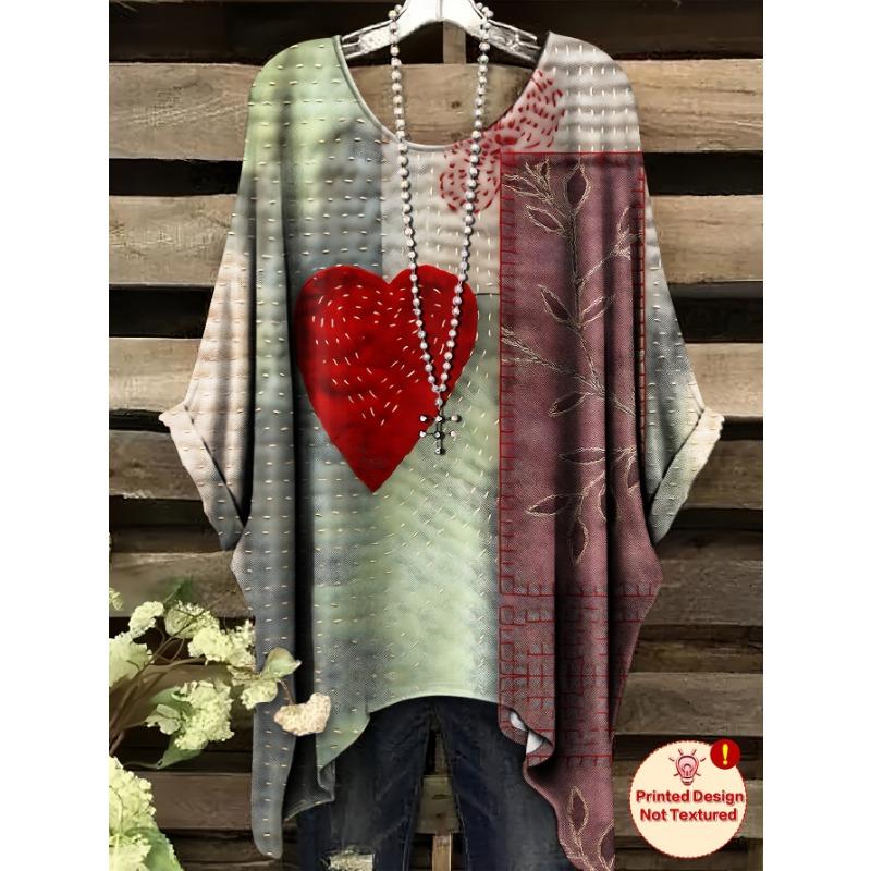 Women's T-shirt Printed Design Tops Elegant Oversized Minimalist Vintage Heart Pattern Print Irregular Hem Round Neck T-Shirt