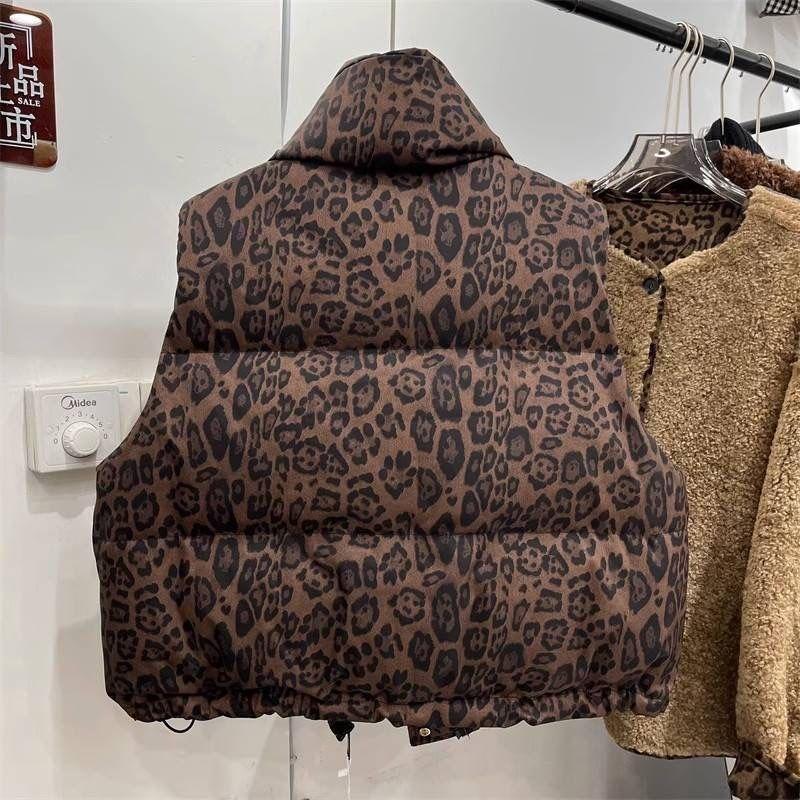 Women Short Stand Collar Leopard Print Loose Vest Jacket