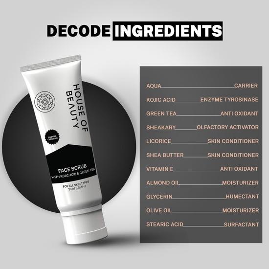 HOUSE OF BEAUTY Exfoliante Facial con Ácido Kójico y Extracto de Té Verde - Elimina Células Muertas y Suciedad, Reduce los Poros Abiertos (30ml)