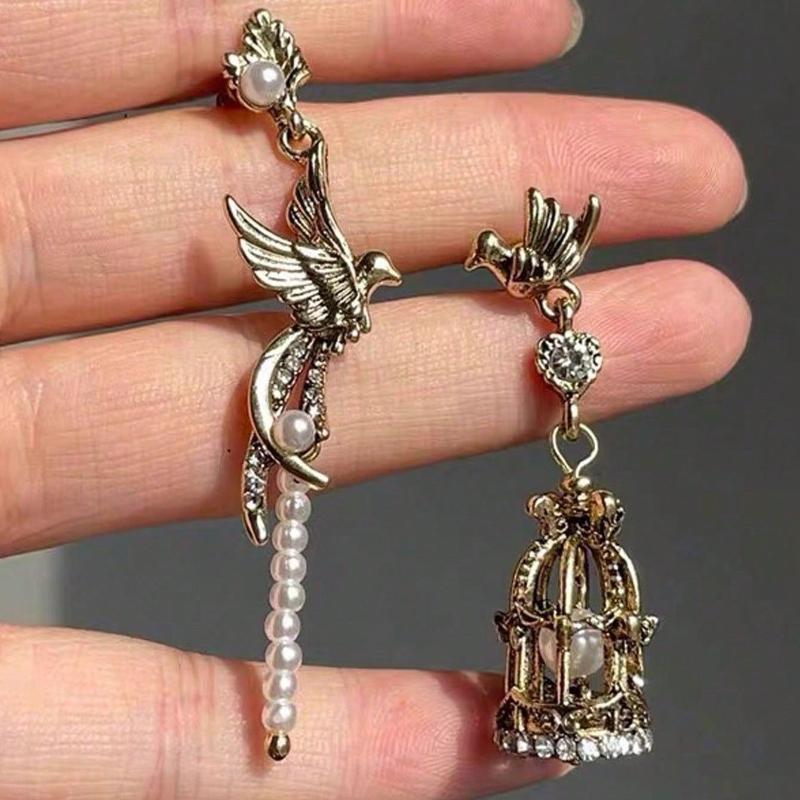 1 Pair Vintage Asymmetric Bird Cage Faux Pearl Earrings, Suitable For Any Occasion