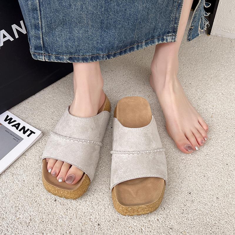 Thick-soled Slippers Women's Summer Wear Retro Leather One-word Casual Cool Slippers Slippers B & B