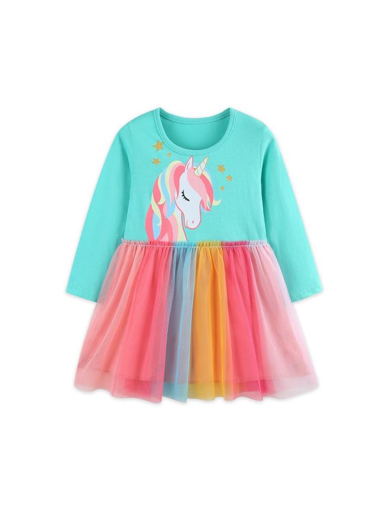 Autumn Girls' Unicorn Princess Dress – Cute European & American Style with Mesh