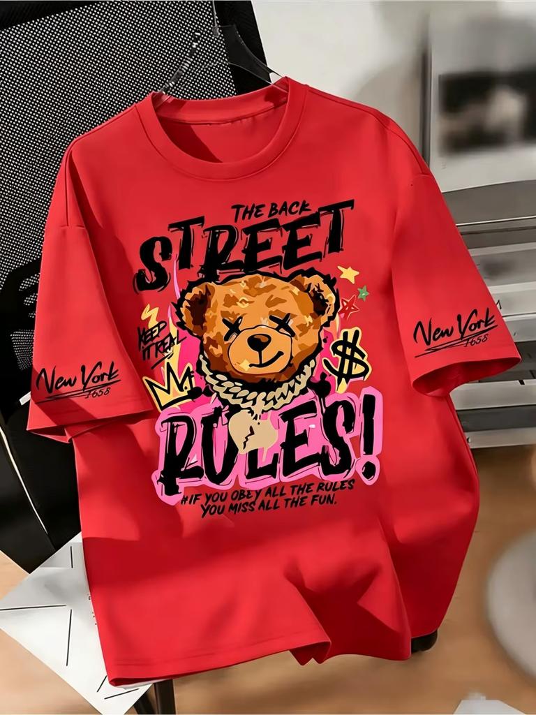 European And American Unisexs Summer New Teddy Bear Letter Printed Soft And Breathable Round Neck Tshirt Outdoor Street Top