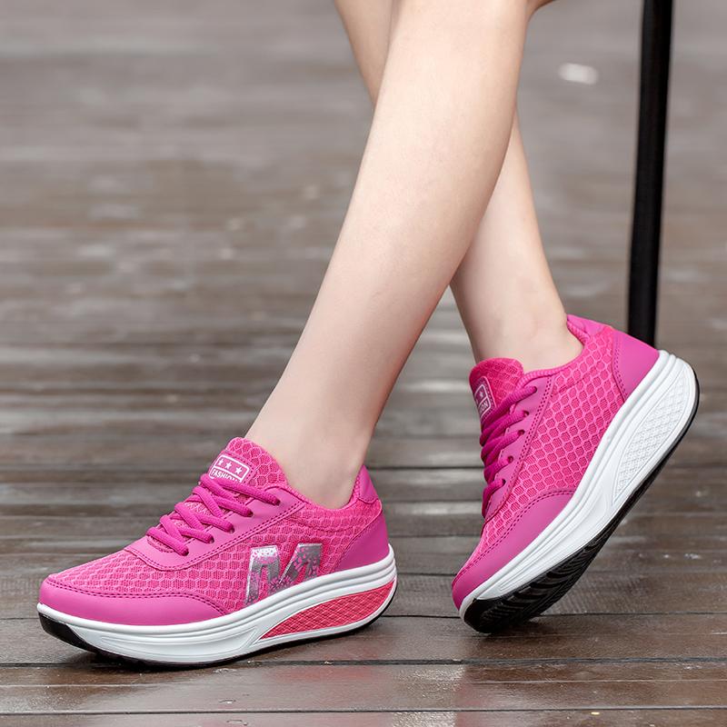 Fashion Women Platform Shoes Breathable Mesh Rocker Shoes Wedge Heels Non-slip Casual Walking Shoes