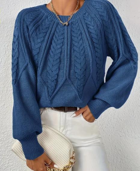 Women's Knit Pullover Sweater Crew Neck Long Sleeve Cable Knit Pattern Ribbed Hem and Cuffs Casual Loose Fit Top