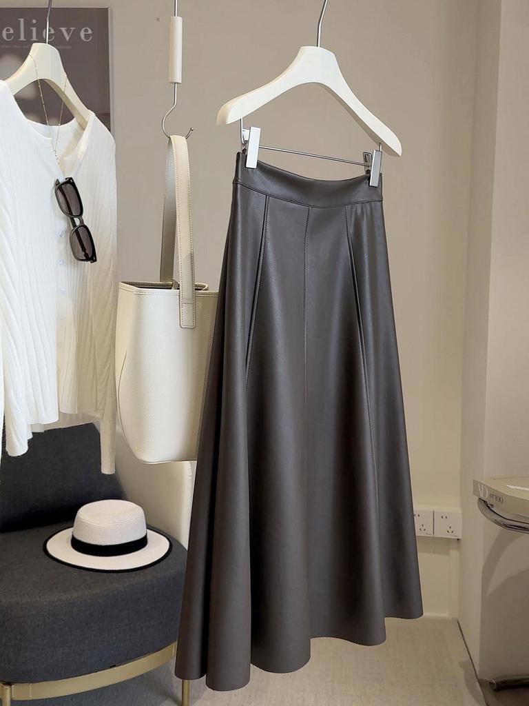 Women's High-End PU A-line Leather Skirt: 2025 Autumn High-Waisted Medium-Length with Good Drape and Inner Layer