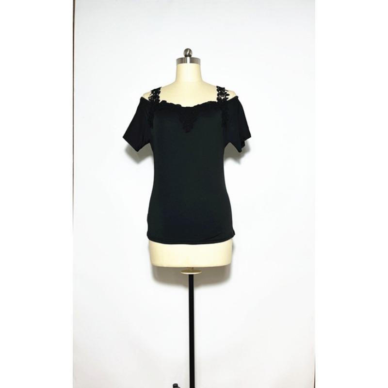 

Летняя футболка с V-образным вырезом, коротким рукавом, кружевной вставкой, ажурная, повседневная, свободного кроя, женская 2203 XS чёрный