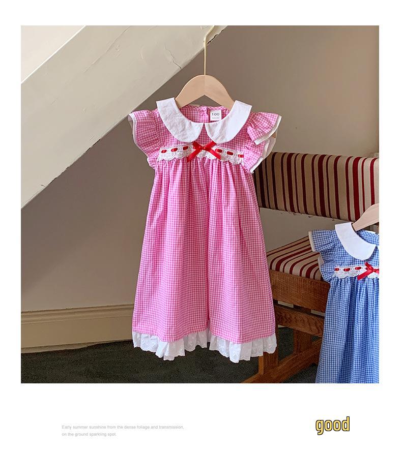 

Summer 2025 Girls Plaid Dress with French Peter Pan Collar, Lace Trim, Flutter Sleeves & Bowknot 140 cm