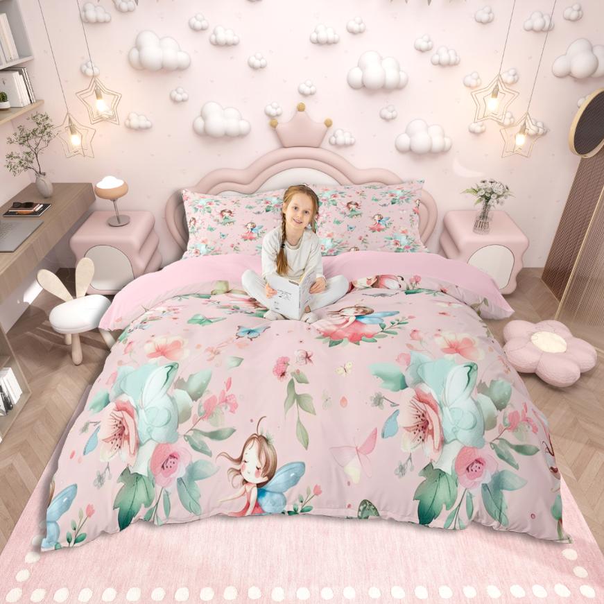 Homewish Cute Cartoon Elf Duvet Cover Set,Chic Flower Floral Bedding Set,Pink Purple White Bed Set For Girls