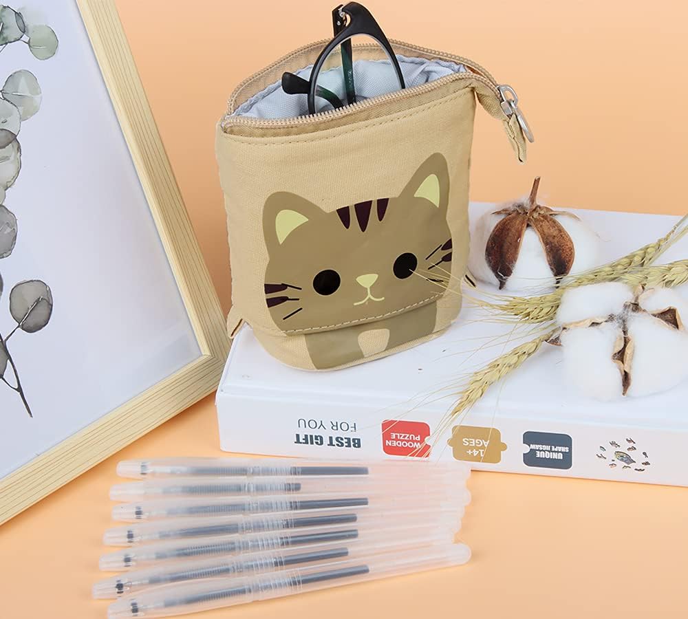 Hillylolly Pencil Case Cat, Children's Pencil Case Cat, Cat Stationery, for Girls Boys Teen Gift, 12.5 ~ 19 Cm, Khaki, Pencil Case Cat