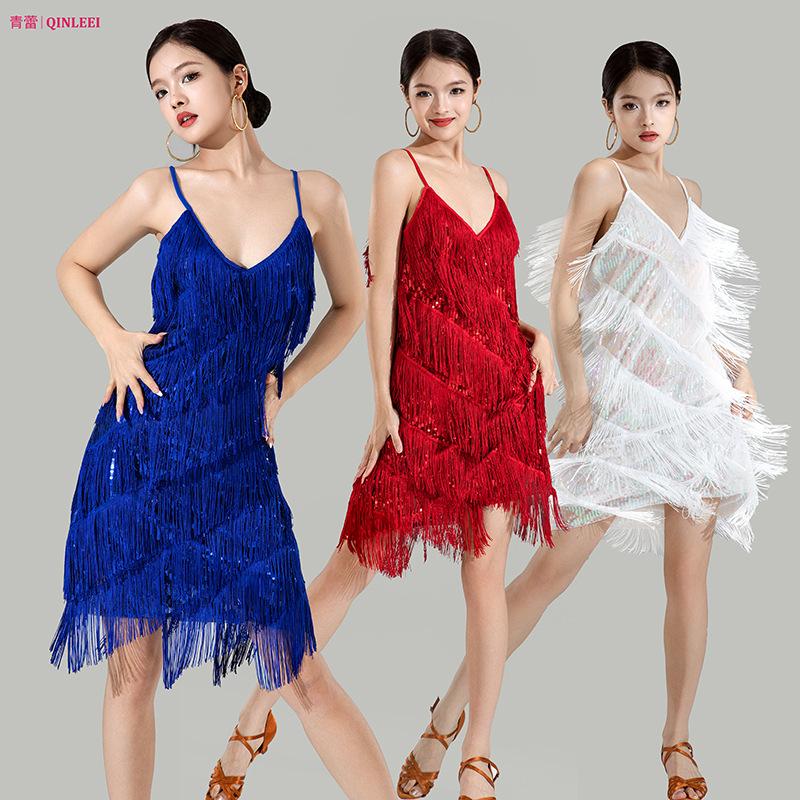 Roupa de dança latina de alta qualidade para adulto com franjas para performance feminina, vestido sexy de alça, roupa para competição de dança latina