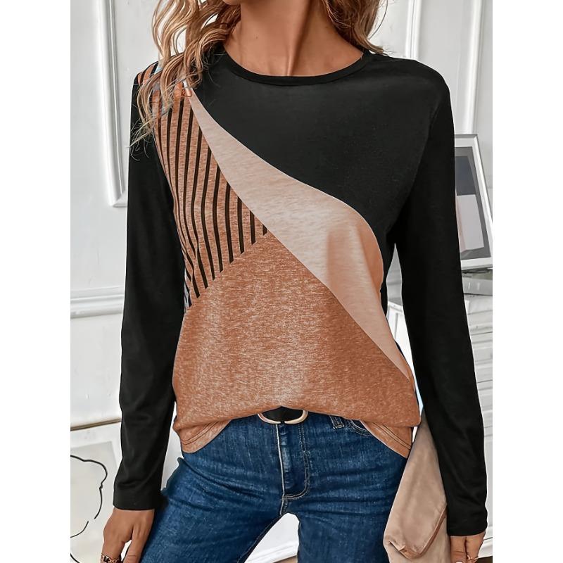 

Женская футболка с 3D принтом в полоску с цветными блоками, модная, с длинным рукавом, с круглым вырезом, обычного кроя, топы для праздничных выходных, весны, осени XL