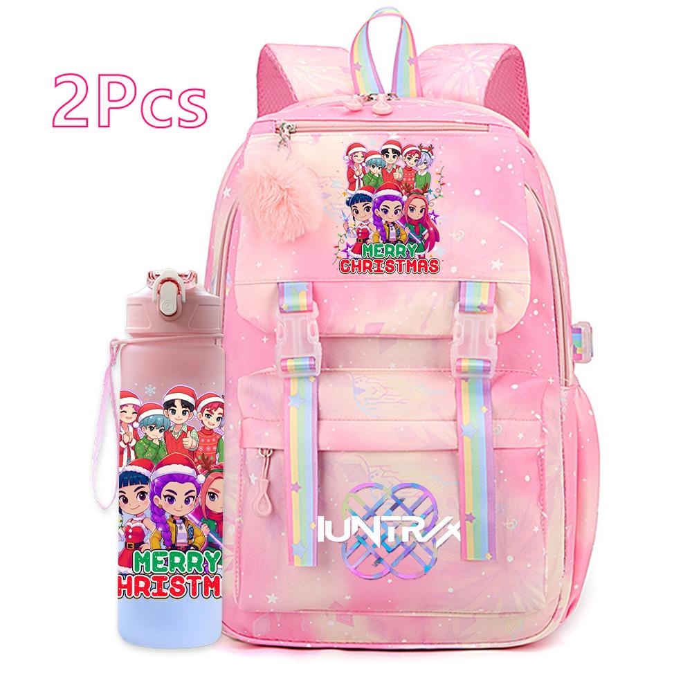 2Pcs/set Christmas K-pop Printed Backpack with 750Ml Water Bottler Large Capacity Travel Bag for Teenager Girl Boy Waterproof Bookbag Kid Gift Rucksak