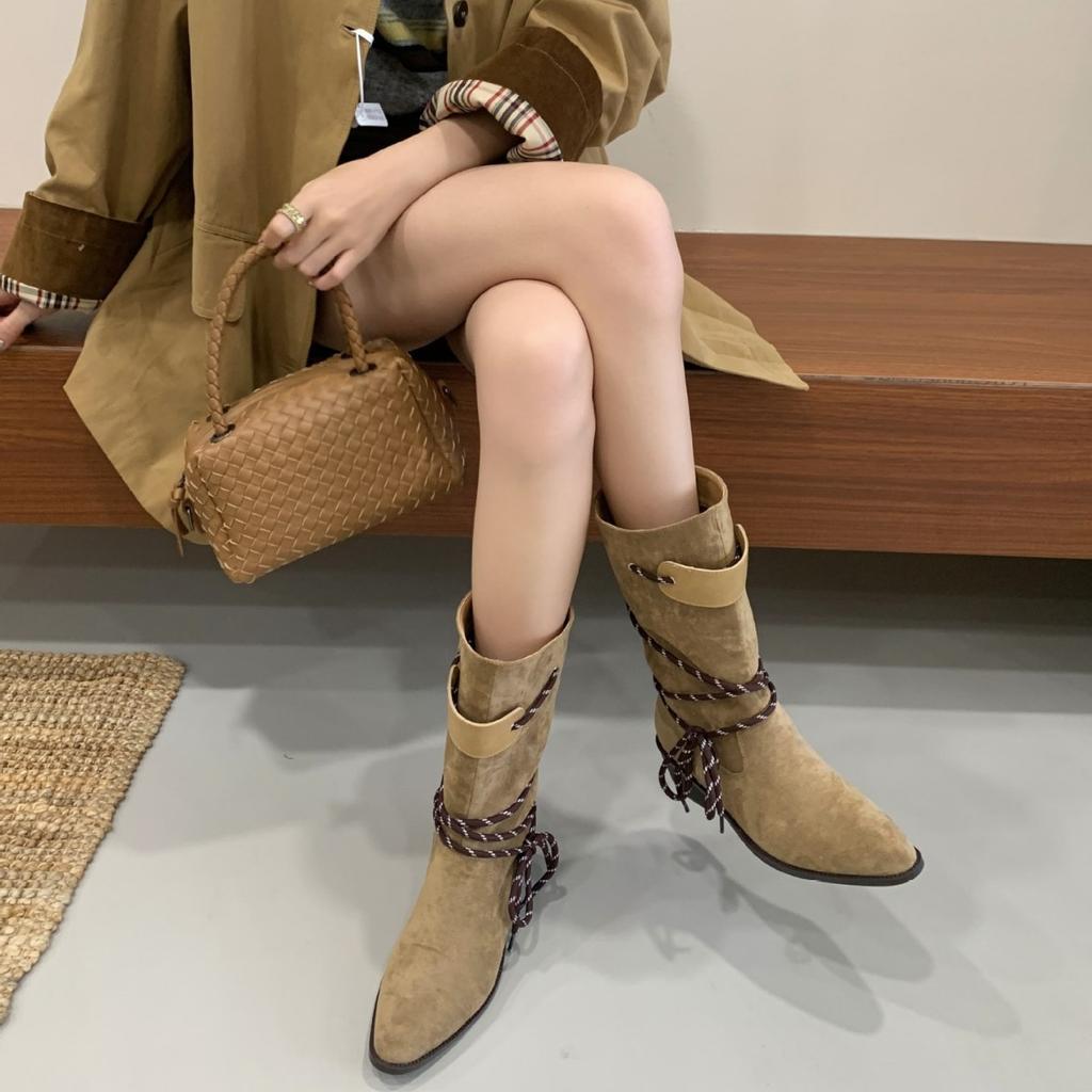 2025 autumn and winter new niche strap mid-tube boots pointed short boots knight boots Maillard western cowboy boots women