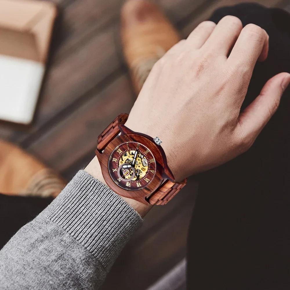 Red Wooden Men's Mechanical Watches Casual Fashion Accessories Wristwatch Chronograph Bussiness Gifts Reloj De Madera