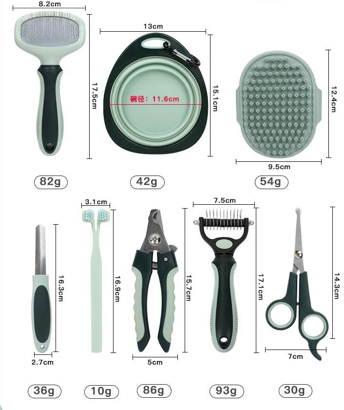 Portable Travel Pet Grooming Kit for Dogs & Cats-8-in-1 Set Nail Clipper Hair Removal Comb Scissors Iron TPR Plastic Brushes