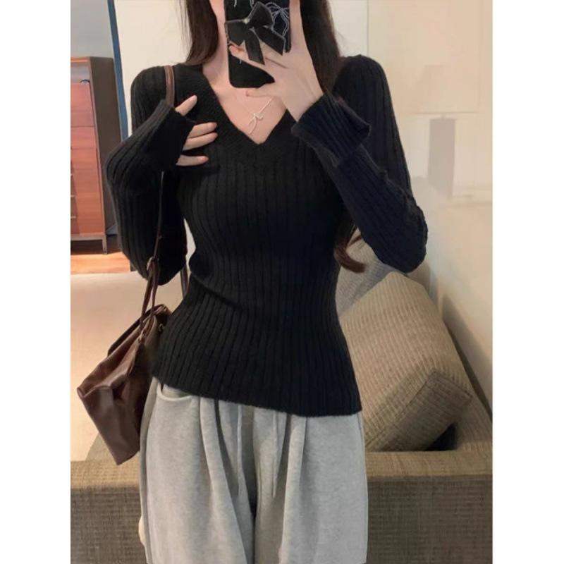 Gray Knitted Sweater Long-sleeved Women's New Spring and Autumn Inner Lining Long-sleeved Thin Top