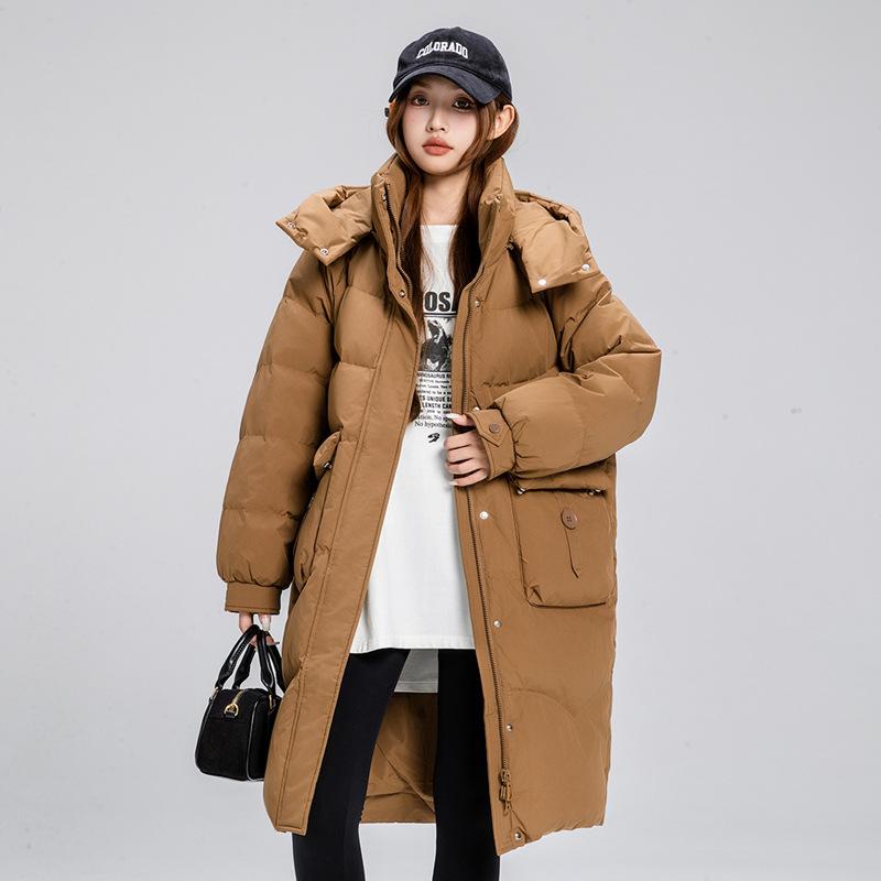 

2025 зима новая средней длины пуховая куртка большого размера свободная корейская ниже колена пуховая куртка женская съемный капюшон XXL кофейный
