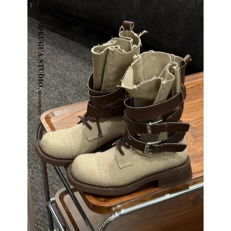 

Fashion Retro Women s 2025 New Thick Heel Belt Buckle Short Boots Versatile Casual Motorcycle Boots 35