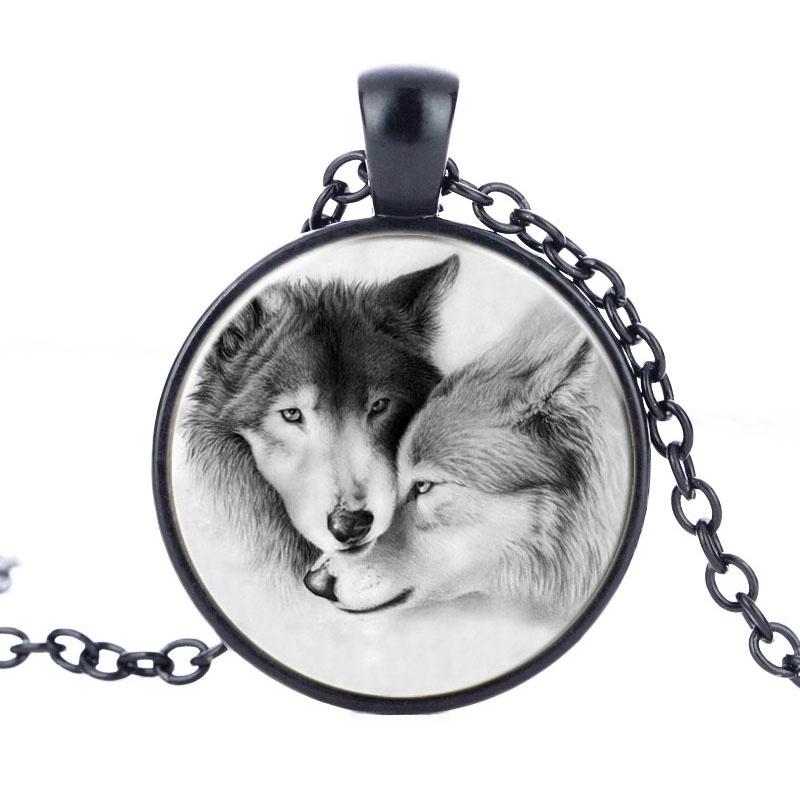 Women Jewelry Double Wolf Glass Pendant Necklace With Vintage Crystals And Elegant Chain