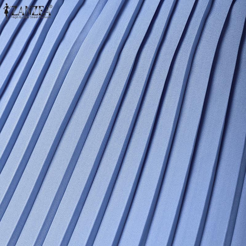 ZANZEA Women Casual Round Neck Loose Long Sleeve Pleated Long Dress