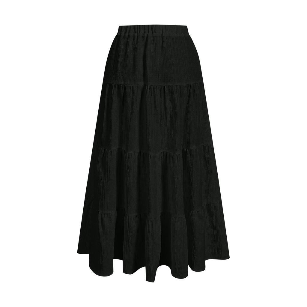 Gonna Lunga Casual Primaverile da Donna con Volant Gonna Tinta Unita Gonna Retro Pieghettata