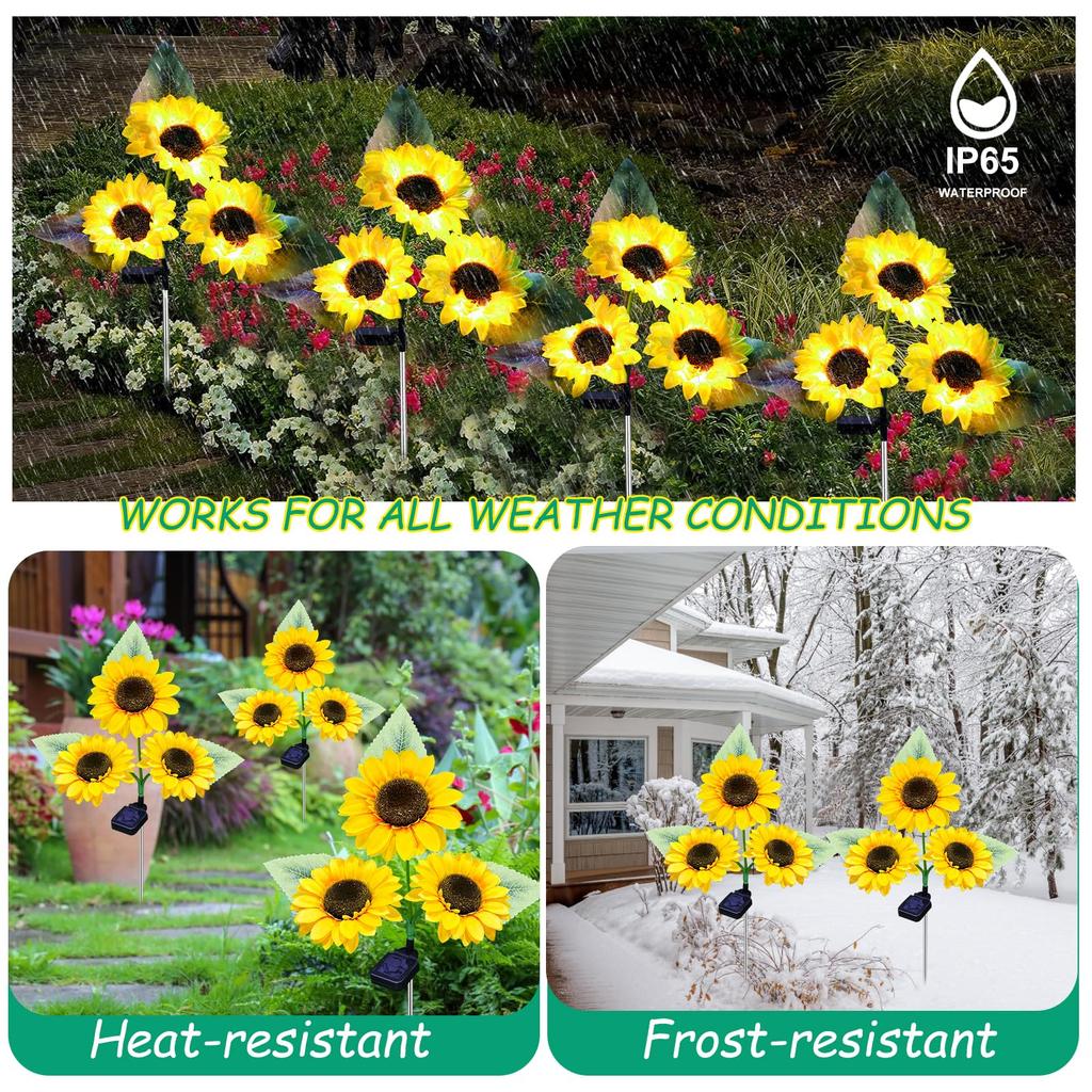 Solarbetriebene 3-Kopf-Sonnenblumen-Dekorationsleuchte, Wasserdichte Außenleuchte für Garten, Hof, Rasen, Atmosphären-Dekorationsbeleuchtung