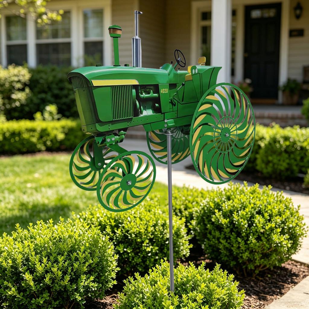 Green Tractor Wind Spinners with Rotating Wheels Garden Windmill Yard Ground Stake Windmill for Yard Lawn & Outdoor Decoration