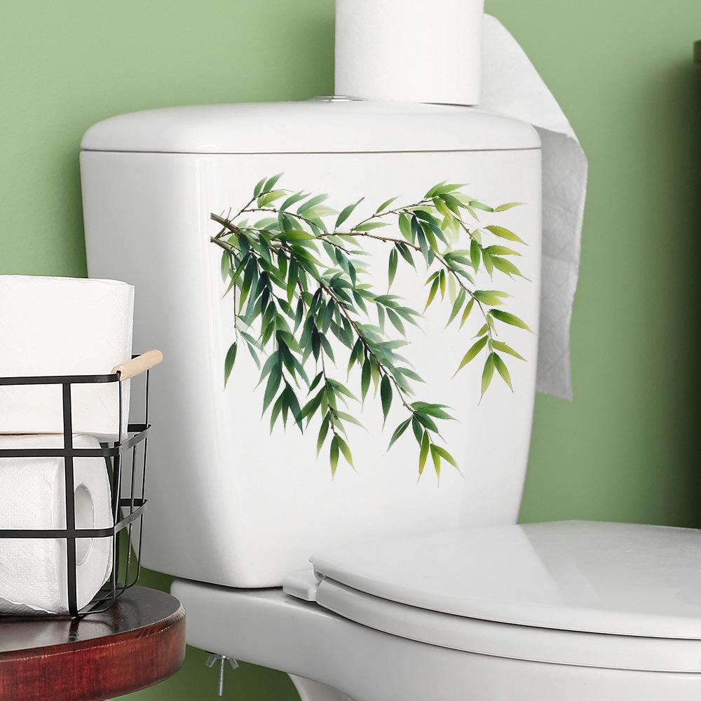 1pc Bamboo Leaves Toilet Lid Decal, Green Plant Bathroom Sticker, Plastic Home Wall Decor, Festive Christmas Decoration Gift