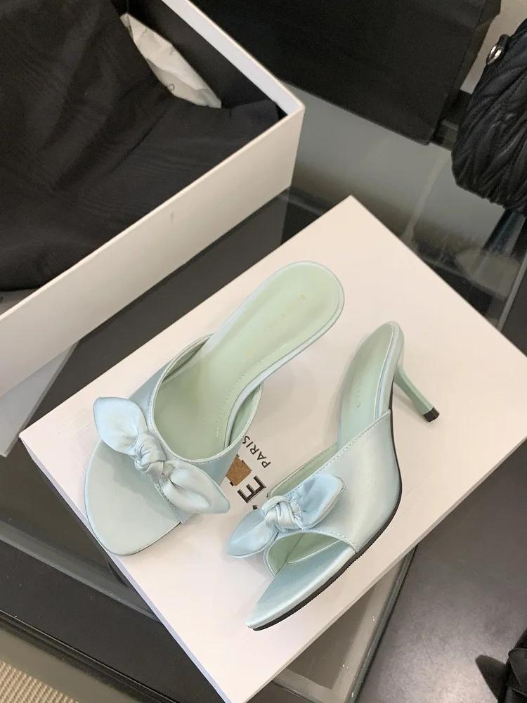Fashion Luxury Satin Butterfly-knot Women Slippers Sexy Peep Toe Thin Heels Sandals Summer Comfort Slide Sandals Elegant Designer Shoes