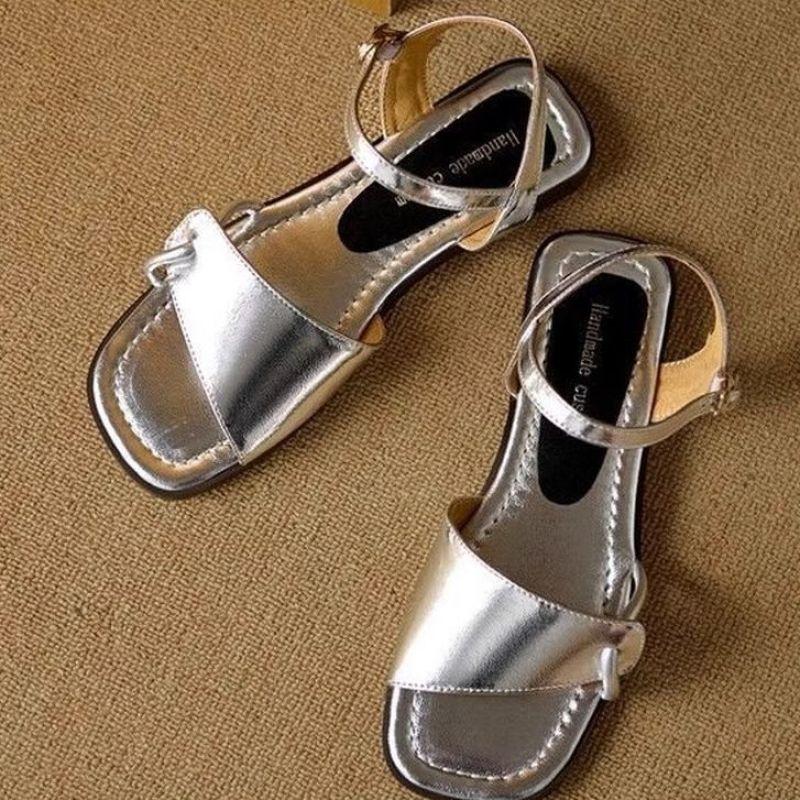 Silver one-word open-toed sandals women's flat summer new leather versatile sandals
