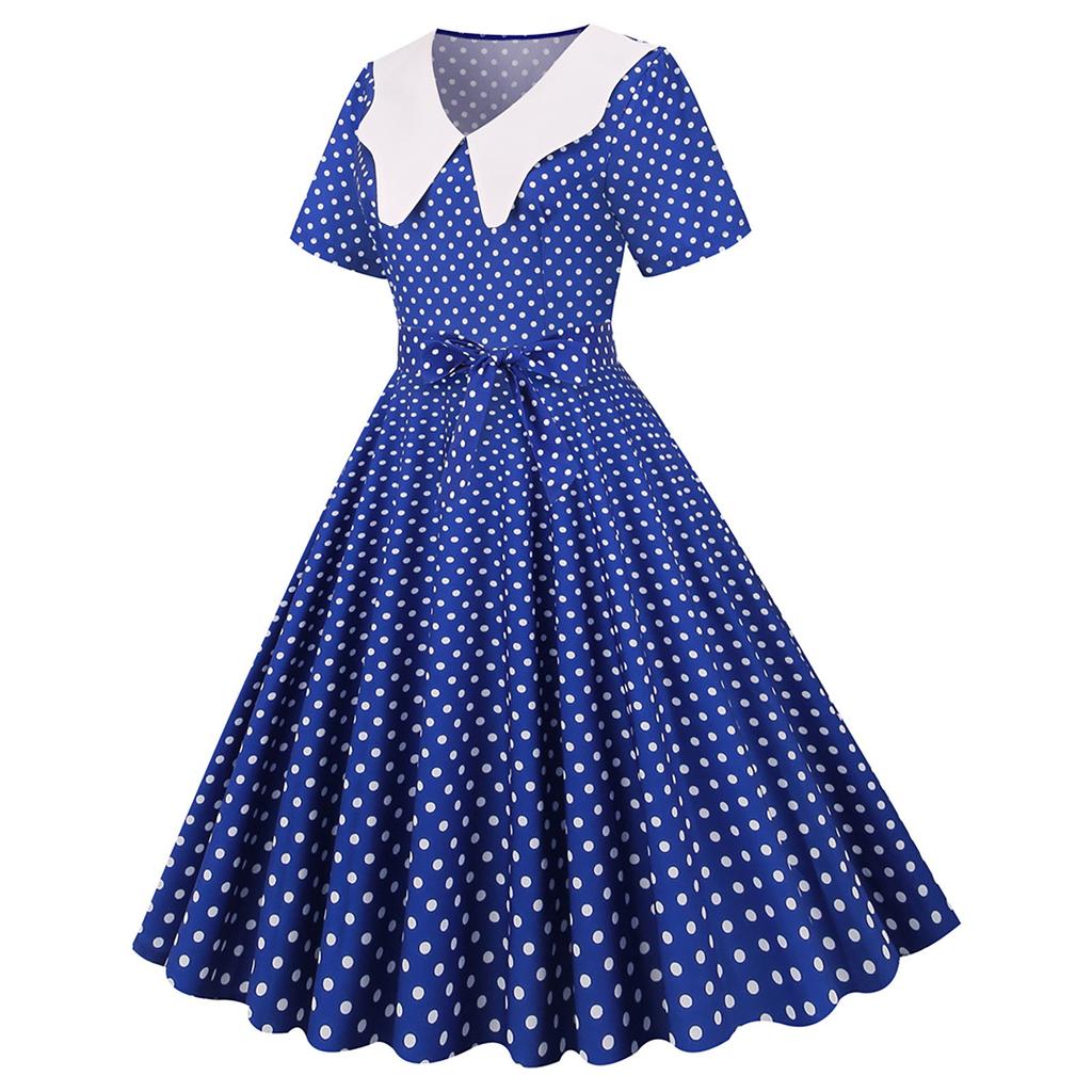Women's Vintage Long Sleeve Polka Dots 1950s Housewife Party Ball Dress