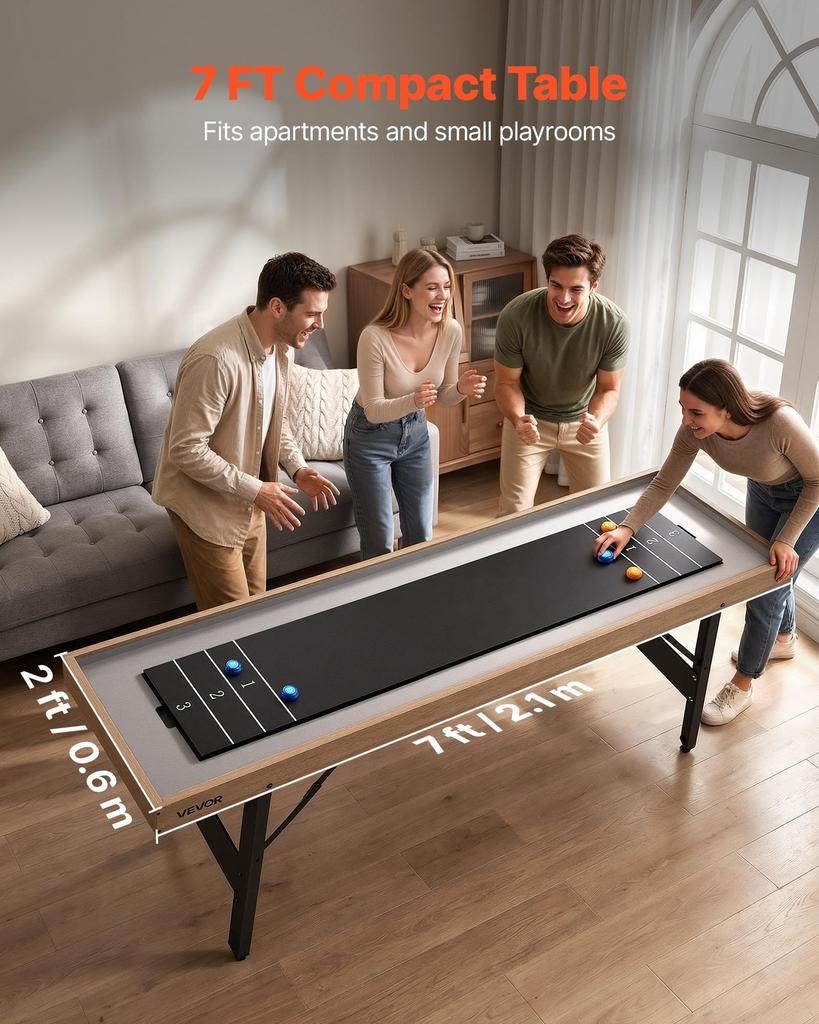 2,1m Shuffleboard Tisch, 2 in 1 Shuffleboard und Tisch-Curling Kombinationsspiel, Kompaktes Shuffle Board mit Glatter Oberfläche, Klappbare Beine, 8 Pucks, Einfach