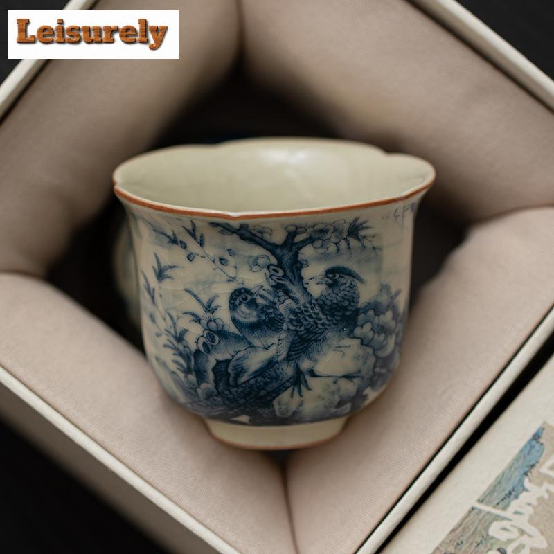 50ml Ceașcă de Ceai Ceramică Retro cu Flori și Păsări, Cupă cu Gură de Floare, Cupă Unică pentru Degustare Personală, Bol de Ceai Kungfu