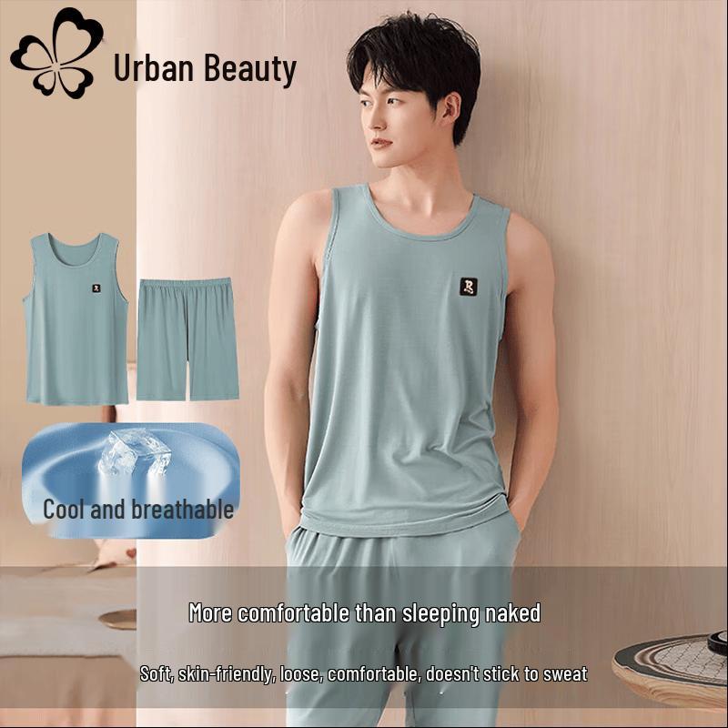 Men s Summer Ice Silk Vest & Shorts Pajama Set L