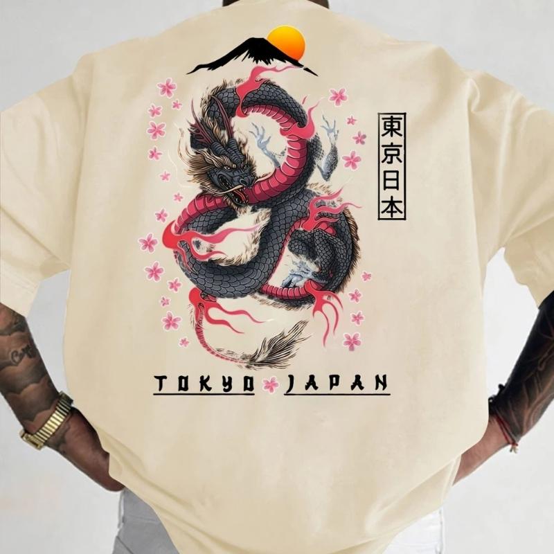 

Fashionable men s summer new dragon print flower comfortable breathable round neck T-shirt outdoor street style top 4XL бежевий