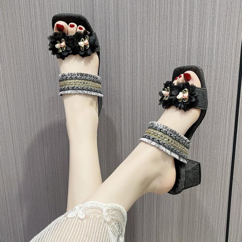 Modeschuhe für Damen 2024 Neue Blumen-Design Damen Sandalen Lässige Mode Slingback Sandalen Bequemer Dicker Absatz Outdoor Slides