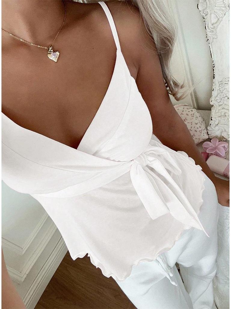 2026 V-Neck Waist-Cinching Ruffled Camisole for Women - European/American Style, Slimming Sleeveless Top