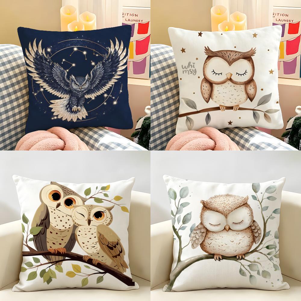 Vintage Owl Pattern Cushion Cover Natural Linen Organic Fabric DoubleSided Printing Room Sofa Decor Pillow Case