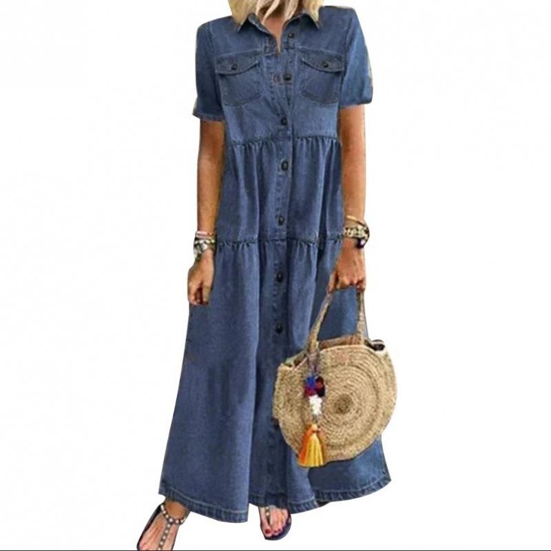 Damen Turn-Down-Kragen Kurzarm Denim Maxikleid Lockere Passform Hoher Bund Lässiges Hemdkleid