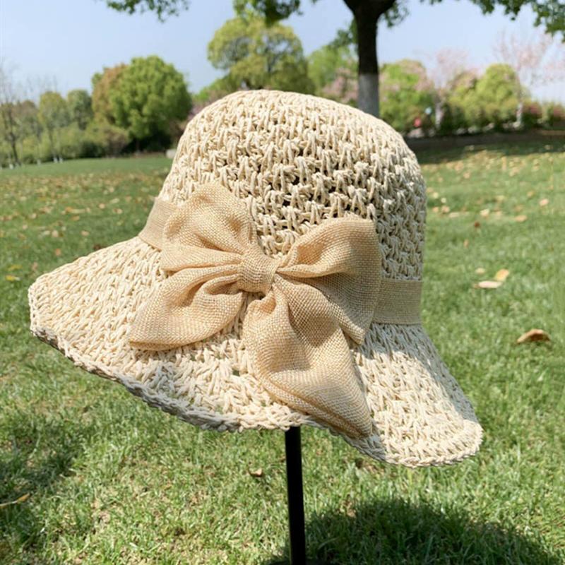 WTEMPO Hollow-out Bow Breathable Wide Brim Foldable Large Hats Party Hats Retro Elegant Summer Beach Sunscreen Hats