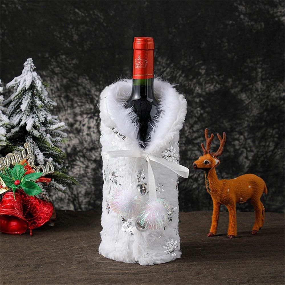 Christmas Faux Fur Wine Bottle Covers Xmas White Plush Wine Bottle Bags for Winter Holiday Party Bottle Decorations