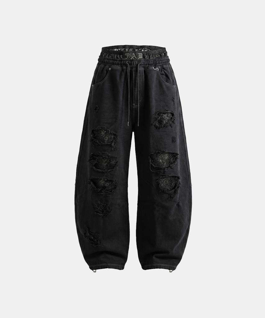 BADBLOOD Lace Layered Distressed Joggers - Black
